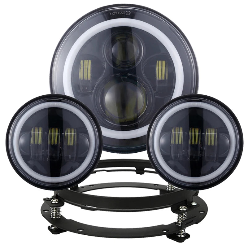 Motorcycle 7 inch Moto LED Headlight with 4-1/2" 4.5inch LED Auxiliary Fog Passing Light Lamp for Harley Touring Electra Glide