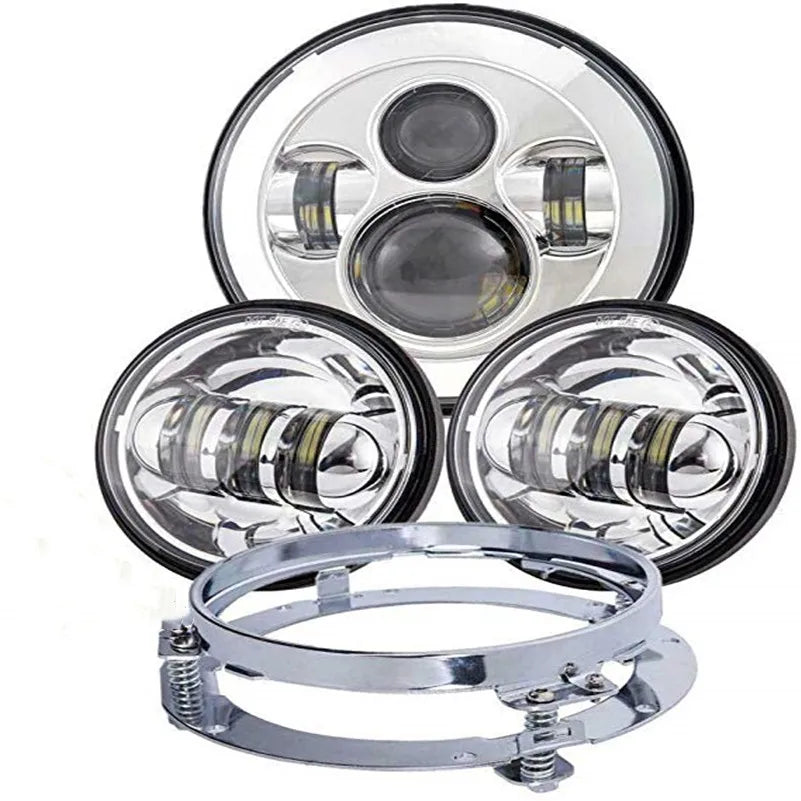 Motorcycle 7 inch Moto LED Headlight with 4-1/2" 4.5inch LED Auxiliary Fog Passing Light Lamp for Harley Touring Electra Glide