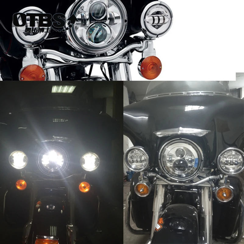 Motorcycle 7 inch Moto LED Headlight with 4-1/2" 4.5inch LED Auxiliary Fog Passing Light Lamp for Harley Touring Electra Glide