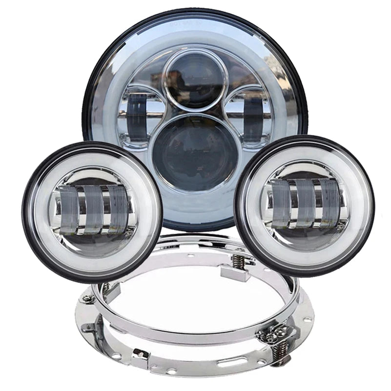 Motorcycle 7 inch Moto LED Headlight with 4-1/2" 4.5inch LED Auxiliary Fog Passing Light Lamp for Harley Touring Electra Glide